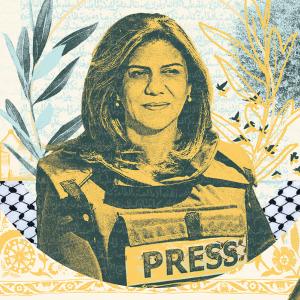 A heavily filtered photo of Palestinian American journalist Shireen Abu Akleh in chest armor with "PRESS" emblazoned across the front. She is surrounded with illustrations of Arabic text, plants, and a microphone with doves flying out from the mic.