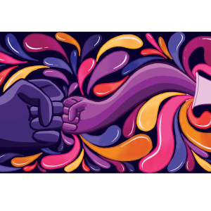 Illustration of a groovy fist emerging from a megaphone to bump another fist