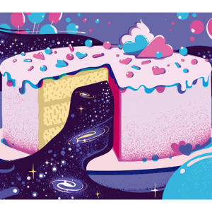 Illustration of a pink and blue cake with a slice removed to reveal galaxies and stars