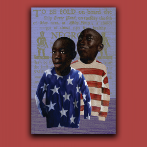 Illustration of two Black boys wearing stars and stripes in front of a slave sale newspaper ad