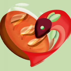 Illustration of a seed sprouting inside a pink and orange heart