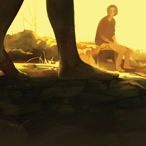 An illustration of a woman in the background of a desert trail looking at an unseen figure in the foreground; only the silhouetted bare feet of the foreground figure are shown.