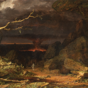 Painting by Frederic Edwin Church with (left to right) a twisted tree, a red earth path, and rocks in the foreground. Storm clouds gather in the background, with lava and dark ground below them.
