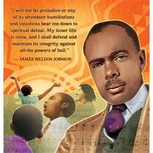 Illustration of James Weldon Johnson in front of a field of children playing.