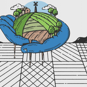 Illustration of a blue hand holding a farmland scene in its palm