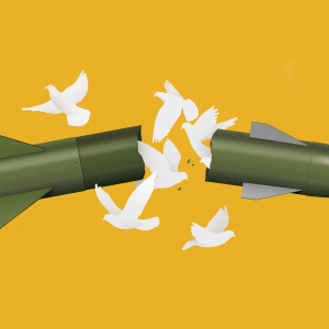 The illustration shows a rocket broken apart, with peace doves coming out of the center. It is on a yellow background. 