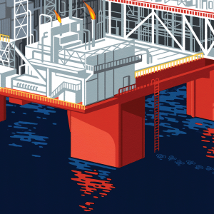 Illustration of a person walking on water away from an oil rig