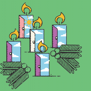 Illustration of an advent wreath where the candles are doors that are ajar and open to the sky