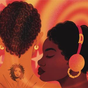 An illustration of a black woman with headphones on is closing her eyes with the side of her face to the viewer. Another woman has her back turned with a tattoo of Lauryn Hill on her neck.
