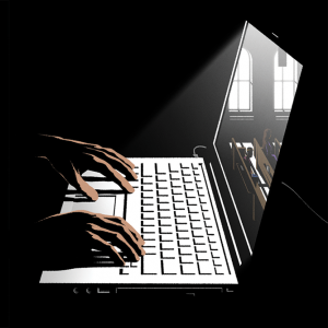 Side profile of two hands resting on an open laptop; the screen shows an image resembling surveillance footage of a congregation taken from the rear of the church