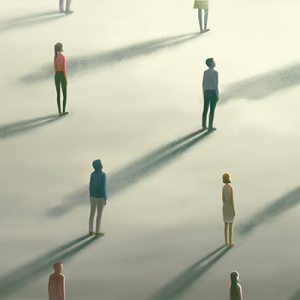 Illustration of people standing far apart with elongated shadows behind them.