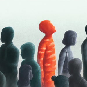 The illustration shows shrouded figures in a crowd, all looking forward or down. One person stands in the middle and is looking up at the sky. They are orange, with clouds. 