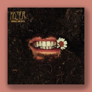 The image shows the cover of Hozier's album, "Unreal Unearth" which shows his smiling mouth coming out of the soul with a daisy in his teeth. 