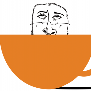 Illustration of a grumpy old man face sticking out of a coffee mug.