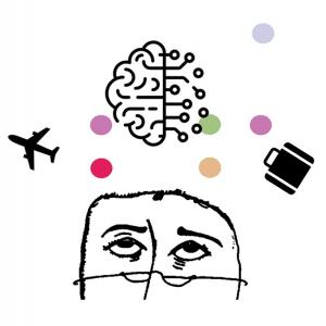 An illustration of the upper half of someone's head. They're wearing glasses and a tired expression. There's an abstract drawing of a brain (with one half made to look like circuitry) above the head. There are icons of a plane and luggage to the sides.