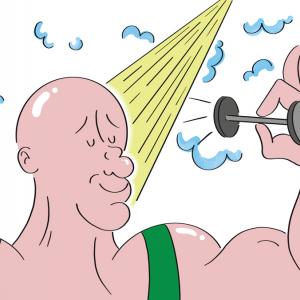  A cartoony illustration of muscled white man, bald and completely shaven, wearing a green sweatshirt as he lifts up a tiny deadlift bar. He's closing his eyes and grinning as light shines on his face from clouds above him.