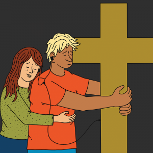 A teenage girl holds her boyfriend around the waist from behind, while the boyfriend hugs a golden cross from the front.