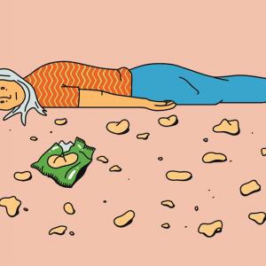 A cartoon illustration of a woman with orange skin and gray hair lying prone on the floor with a blank expression. She's wearing an orange shirt, blue pants, and green slippers. Chips and a crinkled green bag are spread out in front of her.