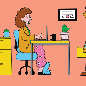 Illustration of an office worker sitting behind a desk with sweatpants and slippers