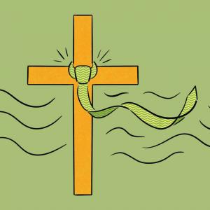 An illustration of a gold cross with a light green dress tie just above the horizontal arms. It blows in the wind against a gray-green backdrop.