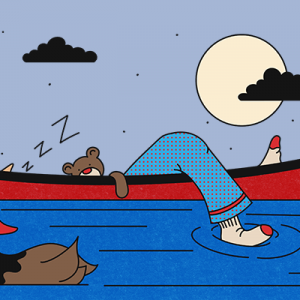 Illustration of someone sleeping in a canoe with their leggings sticking out and a teddy bear on their chest. A duck is swimming by. The moon is full, and there are two clouds.