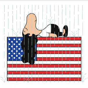 A cartoon woman, stylized to look like Snoopy from Peanuts, is lying on top of an American flag, with rain falling. Her eyes are closed. 