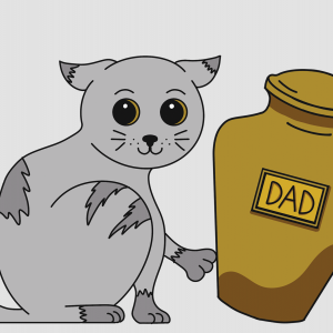 The image shows a cat pushing over a urn labeled "Dad" 
