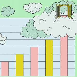 Illustration of a bar graph with the gates of heaven sitting above the tallest bar