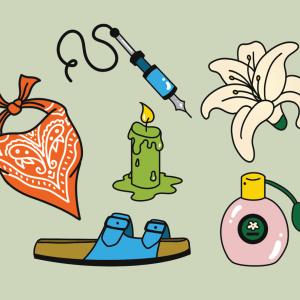 An illustration of several git items (from article) on a light green background: a red bandana with white patterning, one blue Birkenstock sandal, a green candle, a blue tattoo engraving pen, a white lily, and perfume in a round pink bottle.