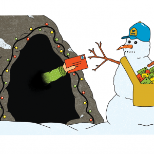 Cartoon-style illustration of a dark cave with Christmas lights around its mouth; the sleeve of a green sweater is visible out of the darkness of the cave and hands a red envelope to a snowman dressed as a mail carrier.