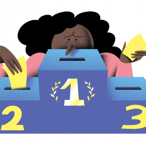 An illustration of a girl placing a ballot into a #1 box, with boxes #2 and #3 to the sides.