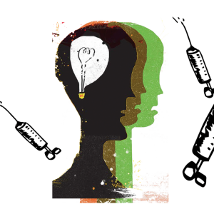 Illustration of human faces with vaccine vials around them.