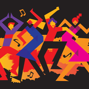 Abstract illustration of dancing figures with musical notes floating in background.