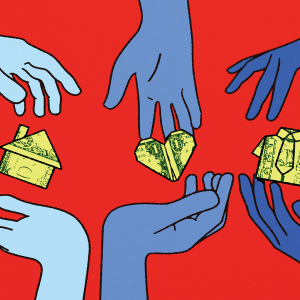 an illustration of hands in various shades of blue passing origami made out of dollar bills to each other, on a red background. The origami is in the shape of a house, a heart, and a shirt. 