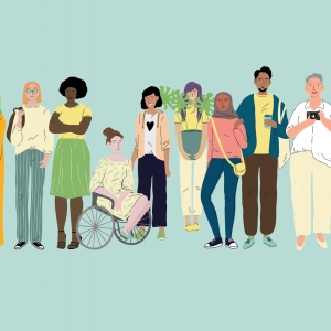 The illustration shows a diverse group of people standing in a row. 