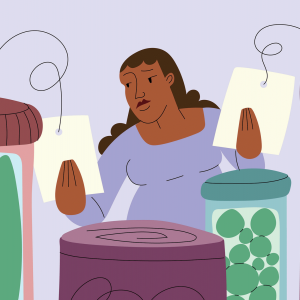 A illustration of a Black woman looking at the labels on human-sized pill botles