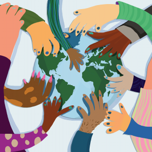 The illustration shows lots of diverse hands reaching out to touch a globe in the middle.