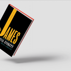 The image is of the book "James" which is black with yellow text. 