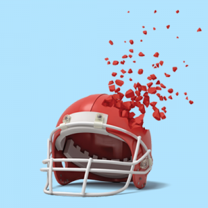 A red football helmet against a white background has parts of its outer shell disintegrating and floating off.