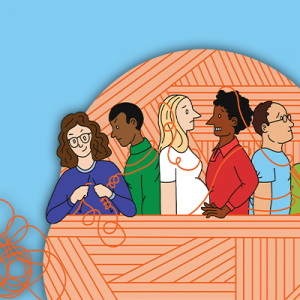 Illustration of six diverse people sitting inside a giant yarn ball.