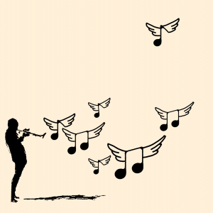 Silhouette of a musician playing the saxophone with music notes wafting into the air.