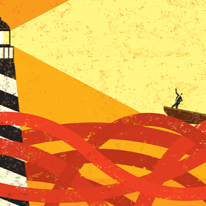 Simplistic image of a boat on top of red waves guided by a light house.