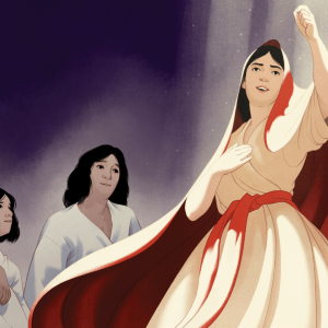 The illustration shows Mary illuminated by a ray of light wearing a white robe and cape with a red ribbon. She is holding one hand to her heart and the other is raised in a nonviolent protest. Behind her are three unnamed figures in white robes. 