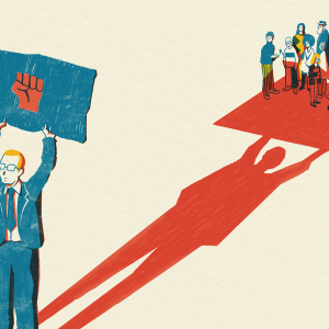 The illustration shows a man in a suit holding up a blue poster with a solidarity fist. In the shadow of the poster is a group of people. 