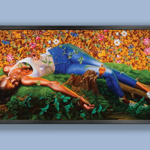 The image shows a painting of a black woman wearing jeans and a white tank top sleeping on a mossy log. The background of the painting is a layer of brown leaves and blooming flowers.  