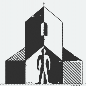 Illustration of human figure within a church building created with black and white blocks