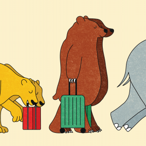 Illustration of pairs of animals carrying suitcases