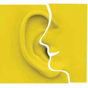 Illustration of a human face overlaid over the edge of an ear