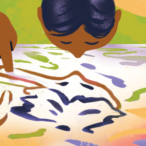 An illustration of a person finger-painting their own reflection