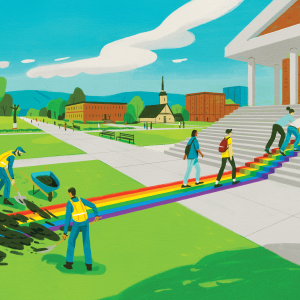 Illustration of a group of people rolling rainbow-colored carpet up the steps to a university building